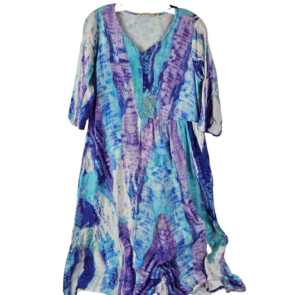 Soft Surroundings Womens Small Shift Dress Cotton Flax Watercolor‎ Midi